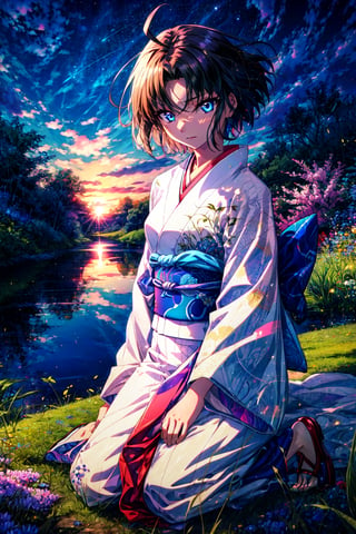 masterpiece, best quality, highres, hmshiki, short hair, ahoge, blue eyes, white kimono, , grass, kneeling, sitting, night