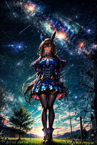 masterpiece, best quality, admire vega \(umamusume\), starry sky, night, horizon, standing, looking up, white necktie, skirt, long sleeves, white footwear, thigh strap, black pantyhose, boots, shirt, puffy sleeves, pleated skirt, buttons, corset, capelet, fingerless gloves, black gloves, mismatched footwear