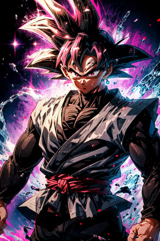 solo,((goku)),(muscular1.1),(cowboy shot:1.4),black_background,boichi manga style,blasting kamehameha,, intricate details, best quality, 8k uhd, soft lighting, 1boy, solo, spiked hair, pink hair, pink eyes, super saiyan, single earring, dougi