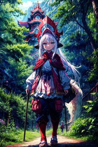 (by kame 3:0.6), (by kemokin mania:0.4), outdoors, forest, foliage, standing BREAK nanachi, narehate, white hair, horned helmet, headdress, pants, smile, looking at viewer