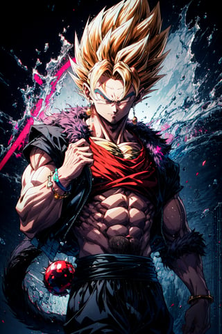 vegetto, 1boy, spiked hair, jewelry, earrings, smirk, bracelet, BREAK,  (ssj4, abs, body fur:1.15), jewelry, long hair, monkey tail, muscular, red fur, spiked hair, super saiyan, tail, , BREAK,  enterthematrix, masterpiece, best quality, extremely detailed, highly quality, 4k, sharp focus, professional, sharp focus, award winning, cinematic lighting, octane render, unreal engine, volumetrics dtx, Wallpaper,