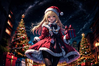 masterpiece,blonde hair, long hair,best quality,highres,cinematic lighting,dramatic angle,1girl,light blue hair,orange eyes,MiyakoChristmas,happy,,white and red dress,thick coat,fur trim,ribbons,bowtie,hat,pantyhose,gloves,holding gift box,christmas streetscape,christmas trees,stars,presenting gift box to viewer,:d,