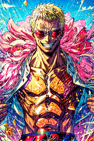  Highly detailed, High Quality, Masterpiece, beautiful, 1boy, solo, SaltBaeMeme, , salt, sunglasses, kitchen, food, doflamingo, boa_coat, , grin