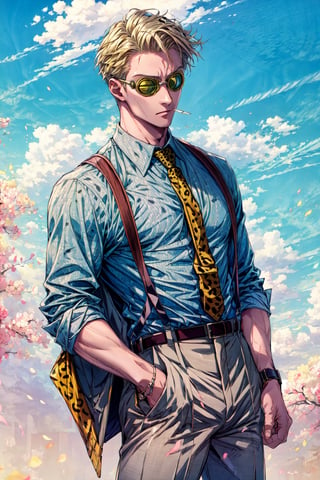 masterpiece, best quality, absurdres, NanamiBase, goggles, grey jacket, yellow necktie, leopard print, blue shirt, collared shirt, grey pants,KentoNanami, suspenders