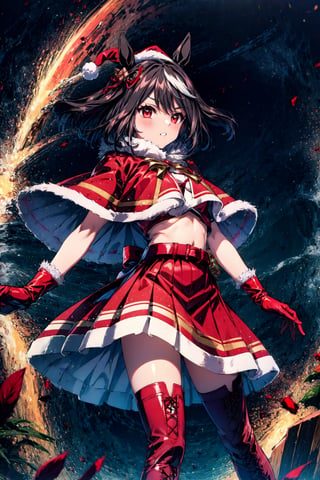 masterpiece, best quality, kitasan black \(umamusume\), santa costume, christmas, hair ornament, red headwear, crop top, red gloves, santa hat, belt, fur trim, red skirt, red capelet, fur-trimmed capelet, holding sack, fur-trimmed gloves, fur-trimmed boots, red footwear,