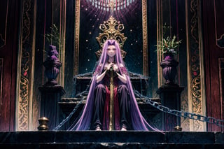 masterpiece, best quality,1girl, medusa (rider) (fate), chain,long hair, medusa (fate), purple hair, forehead mark, solo, facial mark, weapon, yellow eyes, chain, very long hair, looking at viewer,(kbxll:0.5), , sitting on the throne,fate/stay background,fantasy,art