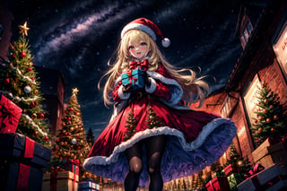 masterpiece,blonde hair, long hair,best quality,highres,cinematic lighting,dramatic angle,1girl,light blue hair,orange eyes,MiyakoChristmas,happy,,white and red dress,thick coat,fur trim,ribbons,bowtie,hat,pantyhose,gloves,holding gift box,christmas streetscape,christmas trees,stars,presenting gift box to viewer,:d,