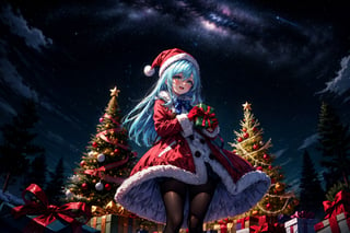 masterpiece,best quality,highres,cinematic lighting,dramatic angle,1girl,light blue hair,orange eyes,MiyakoChristmas,happy,,white and red dress,thick coat,fur trim,ribbons,bowtie,hat,pantyhose,gloves,holding gift box,christmas streetscape,christmas trees,stars,presenting gift box to viewer,:d,