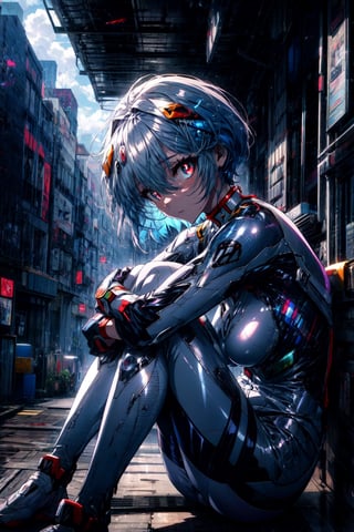 incredibly absurdres,huge filesize,wallpaper,available light,anime,1girl,,rei ayanami,1girl,blue hair,red eyes,bright_pupils,short hair,flat chest,hair between eyes,breasts,plugsuit,bodysuit,white bodysuit,pilot suit,science fiction,beautiful eyes,more hair detail,,day,cloudy,city,face_focus,close-up,head_down,((hugging_own_legs)),sitting,