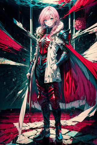 masterpiece, full body,standing,Smile, , pink hair,pale skin,vibrant blue eyes, wearing black and red armor,red cape,