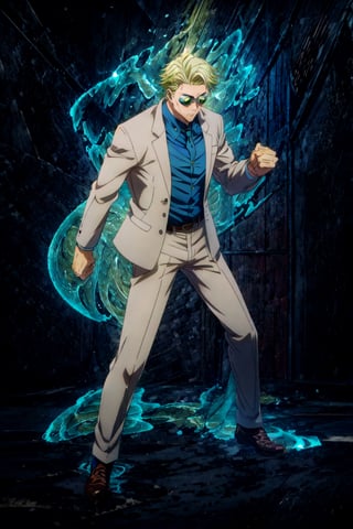 masterpiece,highres,high quality,extremely detailed,solo, , goggles,tinted eyewear, KentoNanami,1man, serious,jacket,formal,suit,collared shirt,blue shirt, full body,fighting_stance,aura,