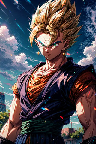 (masterpiece), (best quality), HDR, intricate detail, focus,blue sky, cloud, 1boy, vegetto, spiked hair, jewelry, earrings,super saiyan, blonde hair, Green eyes,,upper body, close-up, standing,