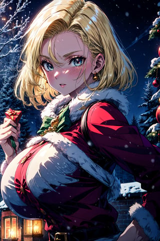 official wallpaper , masterpiece, android 18, winter, christmas, huge breasts, santa, blonde hair, joy,