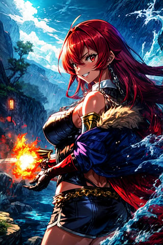 ((mushoku tensei Eris)) In a fantastical dungeon setting, a lone gyaru-adventurer stands tall, her striking red hair flowing down her back like a fiery waterfall. Her long, dyed inner hair cascades over her tan skin like a golden cloak. She confidently holds a sword at shoulder height, its blade reflecting the dim dungeon light. A black and red warrior outfit hugs her curves, with an open jacket showcasing her toned physique. Micro shorts and elbow-length gloves provide flexibility for battle. Shoulder-protected and loose-collared, she exudes confidence with a mischievous smile and sparkling teeth. Her fur-trimmed hair clip and chain necklace glint in the light as she readies herself for action, her tiger claws at the ready to take on any challenge that lies ahead.,eris_greyrat, long hair