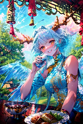 highres,best quality,highres,,silong,(shaded face:1.3),smile,dragon horns,1girl,wings,looking at viewer,chinese clothes,bare shoulders,tail,sitting across table,drinking,drunk,bowl,sake,upper body,straight-on,arrogant