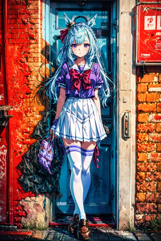 masterpiece, best quality, mejiro ardan \(umamusume\), full body, buildings, tracen school uniform, summer uniform, serafuku, sailor collar, bowtie, puffy short sleeves, sailor shirt, purple shirt, white skirt, pleated skirt, miniskirt, white thighhighs, brown footwear, shoes,