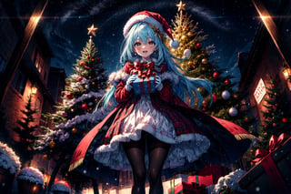 masterpiece,best quality,highres,cinematic lighting,dramatic angle,1girl,light blue hair,orange eyes,MiyakoChristmas,happy,,white and red dress,thick coat,fur trim,ribbons,bowtie,hat,pantyhose,gloves,holding gift box,christmas streetscape,christmas trees,stars,presenting gift box to viewer,:d,