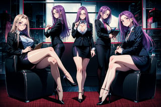 MedCas, 1girl, long hair, looking at viewer, smile, skirt, large breasts, shirt, long sleeves, holding, cleavage, sitting, purple eyes, jacket, full body, purple hair, ass, thighs, glasses, shiny, miniskirt, black footwear, high heels, legs, multiple views, formal, crossed legs, suit, pencil skirt, page number, office lady, business suit, teacher, skirt suit, pointer, multiple views,