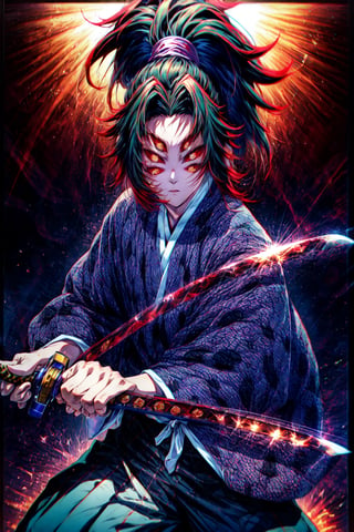 Kokoshubi 1man , long hair ponytail with red highlight , fight stance , stiing with katana in hand ,kbkatana ,master piece , rim light , best quality, extremely detailed, detailed background