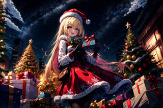 masterpiece,blonde hair, long hair,best quality,highres,cinematic lighting,dramatic angle,1girl,light blue hair,orange eyes,MiyakoChristmas,happy,,white and red dress,thick coat,fur trim,ribbons,bowtie,hat,pantyhose,gloves,holding gift box,christmas streetscape,christmas trees,stars,presenting gift box to viewer,:d,