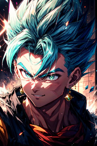 RAW photo, (high detailed skin, detailed eyes:1.1), intricate details, best quality, 8k uhd, soft lighting, Vegetto,  (male:1.2), , earrings, jewelry, white gloves, spiked hair, dougi, smile, blue hair, green eyes, super saiyan