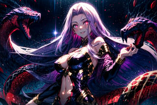 MedGorg, 1girl, bare shoulders, breasts, bustier, cleavage, clothing cutout, jewelry, large breasts, long hair, looking at viewer, medusa \(fate\), navel, purple eyes, purple hair, scales, smile, solo, very long hair, (glowing eyes:1.3), snake hair, snake tail, claws