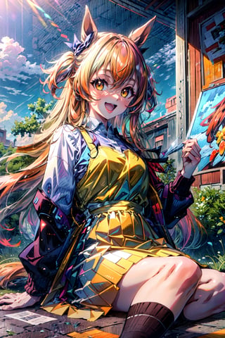 ultra-detailed, high resolution, extremely detailed cg, anime picture,(masterpiece, best quality:1.4), illustration ,1girl, mayacas, (laughing), orange hair, horse ears, yellow vest, long sleeves, yellow skirt, socks, blue sky,