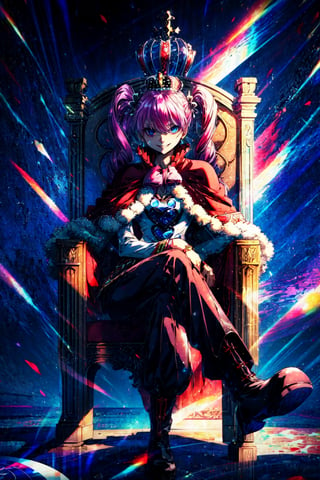  cheems_perona_v3, black eyes, cowboy shot, red capelet, sitting, crossed legs, throne, smug, smirk, looking at viewer, disc-shaped eyes, volumetric lighting, light particles