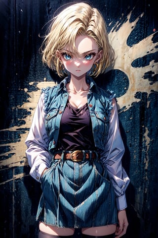 (masterpiece, best quality), 1girl,  android 18, blonde hair, blue eyes, eyelashes, hoop earrings, short hair, earrings belt, black legwear, black shirt, breast pocket, cleavage, collarbone, denim, denim skirt, high-waist skirt, jewelry, long sleeves, pocket, shirt, shirt tucked in, skirt, striped, striped sleeves, waistcoat,