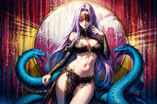 ,MedGorg, 1girl, solo, long hair, large breasts, navel, cleavage, bare shoulders, very long hair, purple hair, thighs, parted lips, lips, fingernails, parted bangs, clothing cutout, mask, cleavage cutout, monster girl, red background, claws, pelvic curtain, snake, blindfold, scales, hip vent, bustier, snake hair,CLOUD