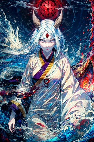 masterpiece,best quality,highly detailed,ultra-detailed,an extremely delicate and beautiful,masterpiece,1girl, solo,kaguya,mature female,  long hair, absurdly long hair, third eye,horns,  pale skin,white short eyebrows,  otsutsuki kimono, floating hair,  looking at viewer, red moon, night, cloudy sky,