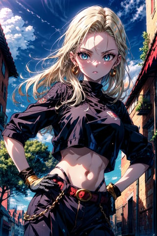 (extremely detailed CG unity 4k wallpaper),(masterpiece),(best quality),(ultra-detailed),(best illustration),(best shadow),(absurdres),(detailed background), Android 18, 1girl, solo, blonde hair, crop top, gloves, midriff, android 18, navel, jewelry, earrings, blue eyes, long hair, white gloves, hand on hip, cloud, belt, breasts, sky, pants, looking at viewer, signature, outdoors, day, blue sky, cloudy sky