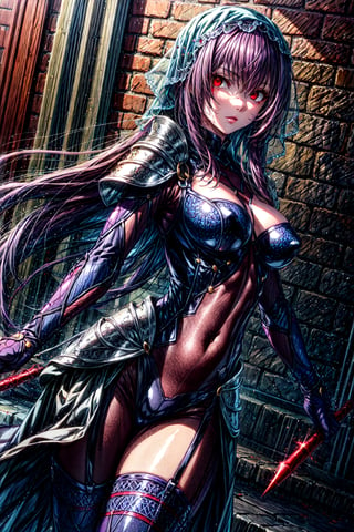 scathach, , scathach, long hair, purple hair, (red eyes:1.5), BREAK armor, bodysuit, pauldrons, purple bodysuit, shoulder armor, thighs, veil, black veil, BREAK outdoors, city, BREAK looking at viewer, BREAK , (masterpiece:1.2), best quality, high resolution, unity 8k wallpaper, (illustration:0.8), (beautiful detailed eyes:1.6), extremely detailed face, perfect lighting, extremely detailed CG, (perfect hands, perfect anatomy),