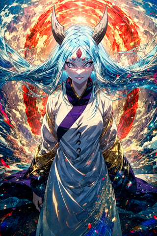 masterpiece,an extremely delicate and beautiful,kaguya otsutsuki, 1girl, standing,looking at viewer, horns,mature female,  better effects, high quality, ultra-detailed, third eye ,white short eyebrows, anime face, netore face, evil smile,  , bit of shadow,