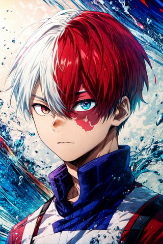 todoroki shoto,1boy,male focus,split-color hair,white hair, red hair,short hair,scar,scar on face,burn scar,heterochromia,grey eyes,blue eyes,hair between eyes,