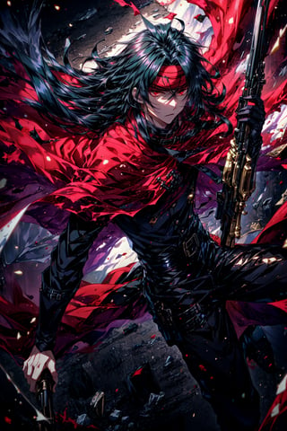 absurdres, ultra detailed, 1boy, , long black hair, red eyes, red cloak, red headband, holding weapon, revolver, torn cloth