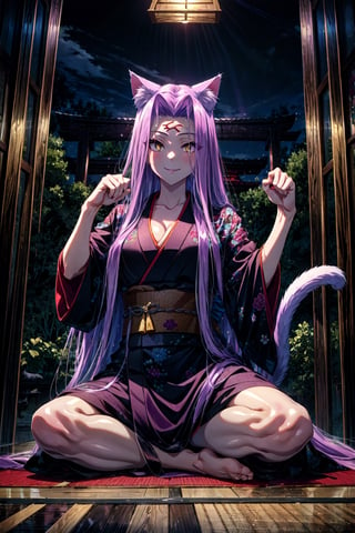 (masterpiece:1.4), (best quality:1.4), 1girl, , medusa (rider) (fate),long hair, medusa (fate), purple hair, solo, yellow eyes,large breasts, very long hair, night, (kimono 1.3), ((meditation)), (cat ears), paw pose, nice smile,