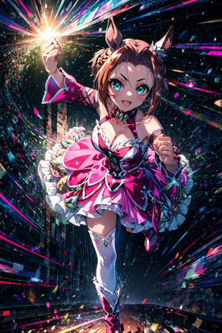 masterpiece, best quality, kawakami princess \(umamusume\), open mouth, smile, (eye trail, light trail:1.2), punching, ear ornament, pink dress, bare shoulders, cleavage, sleeveless dress, detached sleeves, pink sleeves, white thighhighs, pink footwear, boots