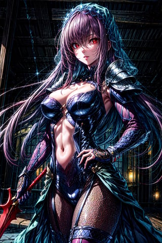 scathach, , scathach, long hair, purple hair, (red eyes:1.5), BREAK armor, bodysuit, covered navel, pauldrons, shoulder armor, veil,, BREAK outdoors, city, BREAK looking at viewer, BREAK , (masterpiece:1.2), best quality, high resolution, unity 8k wallpaper, (illustration:0.8), (beautiful detailed eyes:1.6), extremely detailed face, perfect lighting, extremely detailed CG, (perfect hands, perfect anatomy),