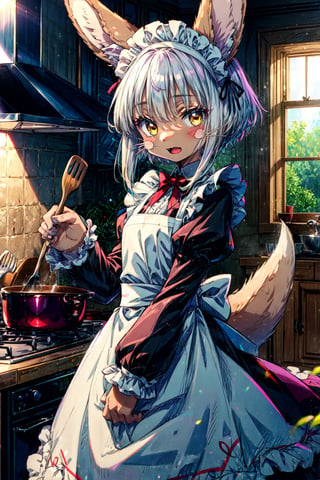 1girl, solo, furry, fluffy, brown fur, short hair, nanachi \(made in abyss\), animal ears, tail, yellow eyes, maid, apron, puffy sleeves, long sleeves, maid headband, :3, open mouth, standing, looking at viewer, kitchen 