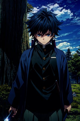 tomioka giyuu, demon slayer, 1boy, solo, upper body, nature, tree, grass, blue sky, katana, sword, holding katana, fighting stance, looking at viewer, long hair, blue eyes, black hair, standing, jacket, male focus, japanese clothes, black jacket, demon slayer uniform, ,CLOUD