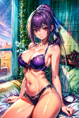 fgoskadi, , skadi, long hair, purple hair, (red eyes:1.5), ponytail, hair ribbon, ribbon, BREAK lingerie, BREAK indoors, bed, BREAK looking at viewer, BREAK , (masterpiece:1.2), best quality, high resolution, unity 8k wallpaper, (illustration:0.8), (beautiful detailed eyes:1.6), extremely detailed face, perfect lighting, extremely detailed CG, (perfect hands, perfect anatomy),Circle