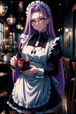 masterpiece,best quality,1girl,MedCas,purple hair,very long hair,purple eyes,glasses,pants,sweater,gradient,frills,apron,black dress,white thighhighs,puffy short sleeves,parted bangs,maid,maid headdress,forehead,maid apron,cafe,