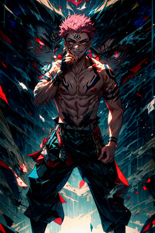 masterpiece, best quality, ultra-detailed, (full body:1.1) , (bad boy smile:1.2), texture, detail eyes,8k, 1boy, Sukuna, a man with pink hair and shirtless, tattoo_ryoumen, black pant, (holding a finger:1.2), tattoo_on_his_face, tattoo on body, (hand stroke hair:1.2) looking at viewer, detailed eyes, detailed face, (masterpiece:1.4),(best quality:1.4),realistic