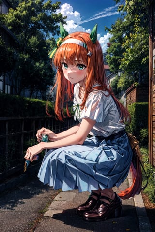 masterpiece,realistic, ,1girl,silence suzuka (umamusume),silence suzuka(Mufti),horse girl,horse ears,horse tail,orange hair,green eyes,long hair,hairband,ear_covers,white shirt,short sleeves,green_ribbon,blue skirt,pantyhose,brown footwear,solo,outdoors, town,dating,