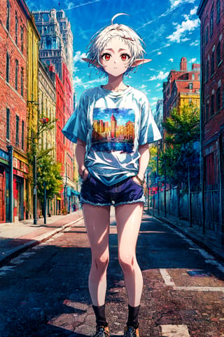 masterpiece, best quality, absurdres, Sylphiette, short hair, ahoge, t-shirt, denim shorts, standing, outdoors, city, hands in pockets,