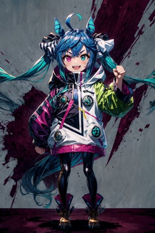 simple Background, Drop Shadow, Full Body, AATwin, Little Girl, Petite, Flat Chest, Heterochromia, @_@, V-Shaped Eyebrows, Smile, :d, Open Mouth, Sharp Teeth, Aqua Hair, Twintails, Crossed Bangs, Ahoge, Hair Ribbon, Hores Eares, Horse Tail, Hooded Coat, Hood Down, Layered Sleeves, Bodysuit, Stuffed Rabbit, Ankle Boots, Standing, Outstretched Arm, Arm, Up, Clenched Hands, Raised Fist, Looking At Viewer, Best Quality, Amazing Details, Brilliant Colorful Paintings 