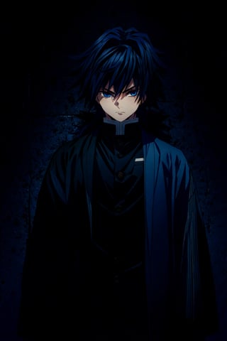 tomioka giyuu, demon slayer, 1boy, solo, upper body, blue background, emphasis lines, looking at viewer, long hair, blue eyes, black hair, standing, jacket, male focus, japanese clothes, black jacket, demon slayer uniform,