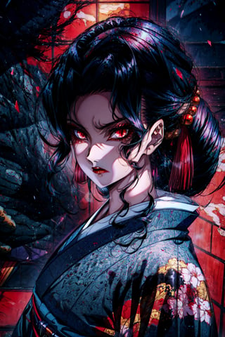 (masterpiece:1.2, best quality), MuzanFemale, 1girl, red eyes, kimono, black hair, solo, looking at viewer, red lips, makeup, upper body, lipstick, hair ornament, earrings, jewelry, long hair, angry, closed mounth, standing, cinematic lighting, tradional japanese interior, demonic, red particles, detailed background, complex structures, hyperdetailed sharp face, dynamic pose