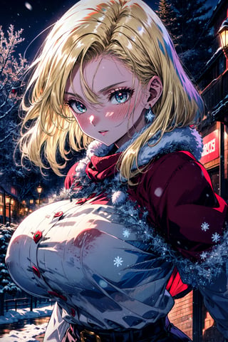 official wallpaper , masterpiece, android 18, winter, christmas, huge breasts, santa, blonde hair, joy,